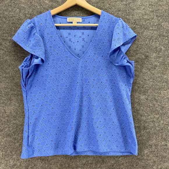 Michael Kors Blouse Women L Large Blue Floral Embroidered V-Neck Short Sleeve - Picture 4 of 9